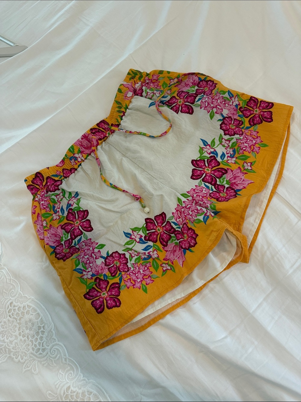 Floral Border Drawstring Women's Top in Yellow and White size S